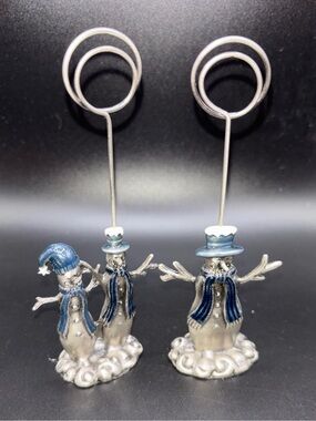 Set of 2 Pewter Snowman Photo Note Holders Christmas Holiday